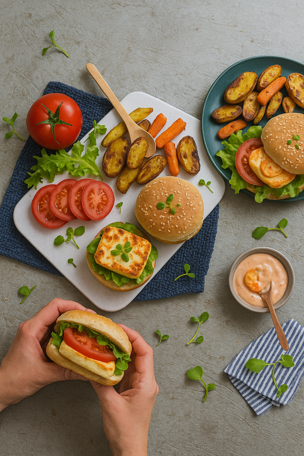 Burgery s bylinkovým sýrem, barbecue omáčkou a pečenou zeleninou