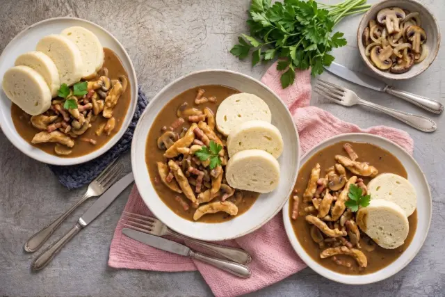 Pork Strips with Mushrooms, Bacon and Traditional Czech Bread Dumplings
