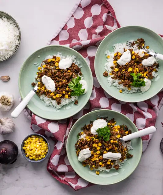 Mexican Minced Meat Bake with Corn, Rice & Sour Cream