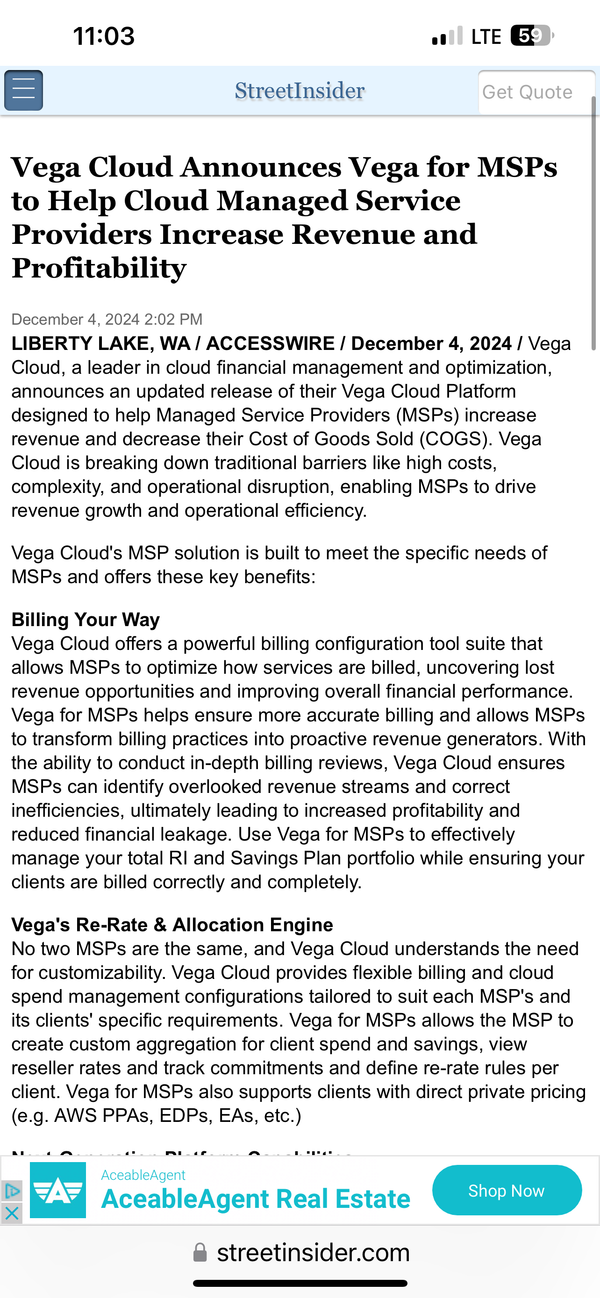 Vega Cloud Announces Vega for MSPs to Help Cloud Managed Service Providers Increase Revenue and Profitability