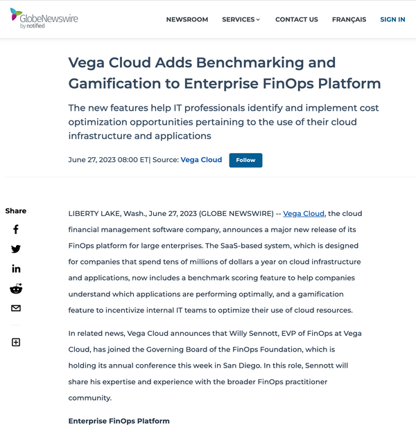 Vega Cloud Adds Benchmarking and Gamification to Enterprise FinOps Platform