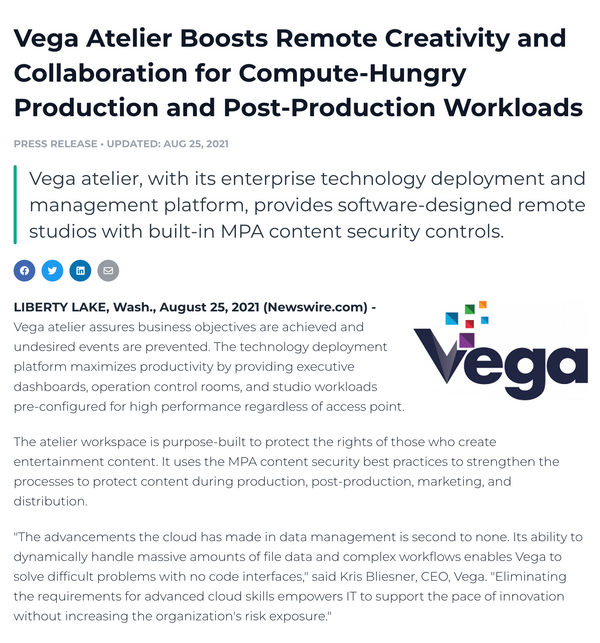 Vega Atelier Boosts Remote Creativity and Collaboration for Compute-Hungry Production and Post-Production Workloads