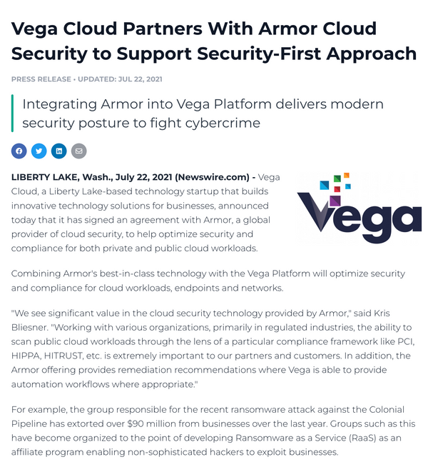 Vega Cloud Partners With Armor Cloud Security to Support Security-First Approach