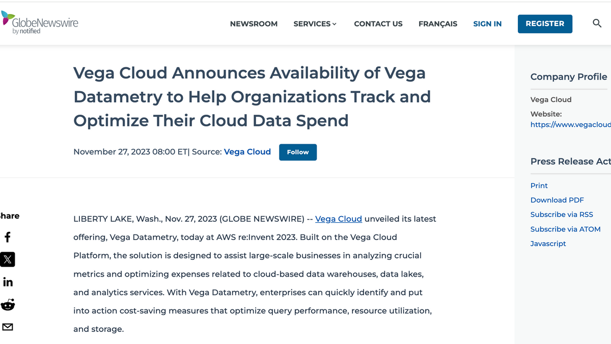 Vega Cloud Announces Availability of Vega Datametry to Help Organizations Track and Optimize Their Cloud Data Spend