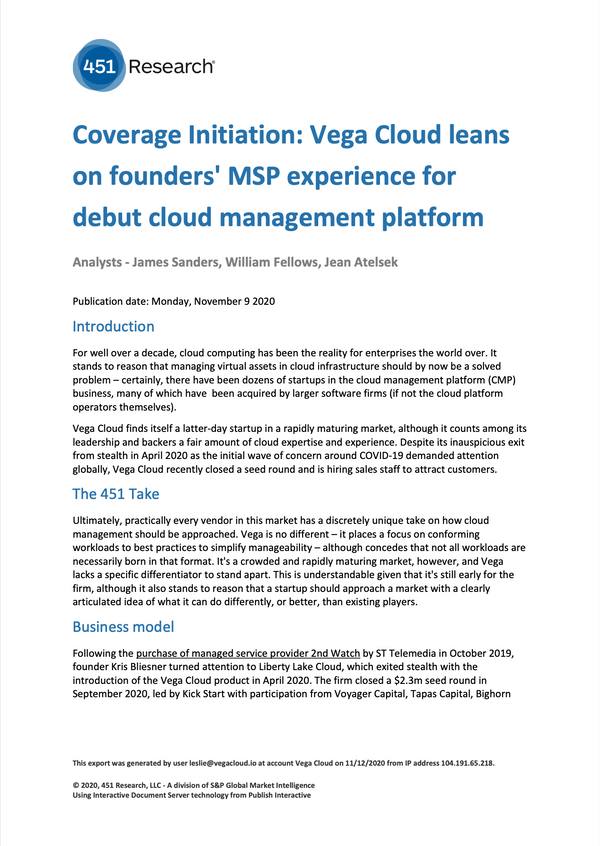 Coverage Initiation: Vega Cloud leans on founders' MSP experience for debut cloud management platform