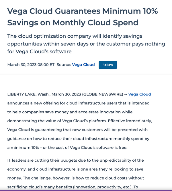 Vega Cloud Guarantees Minimum 10% Savings on Monthly Cloud Spend