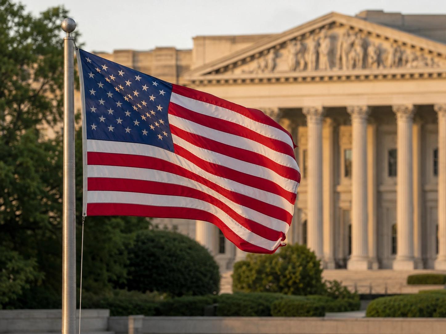 American flag flying in golden light in front of the US Capitol building