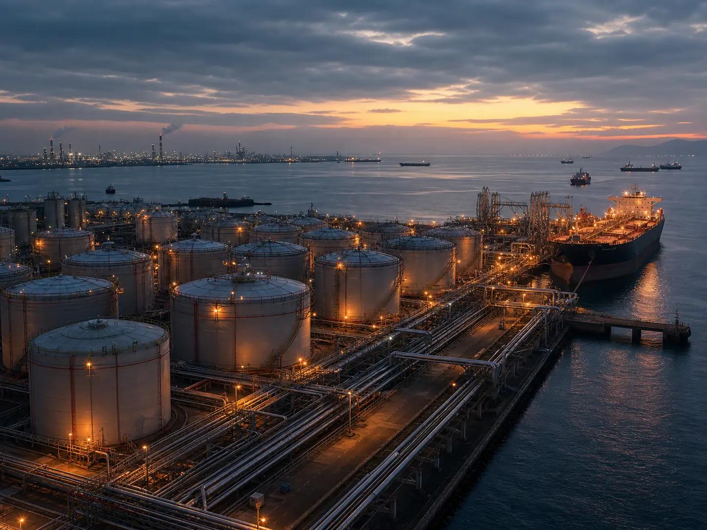 Illustrative image of large coastal oil terminal at dusk,