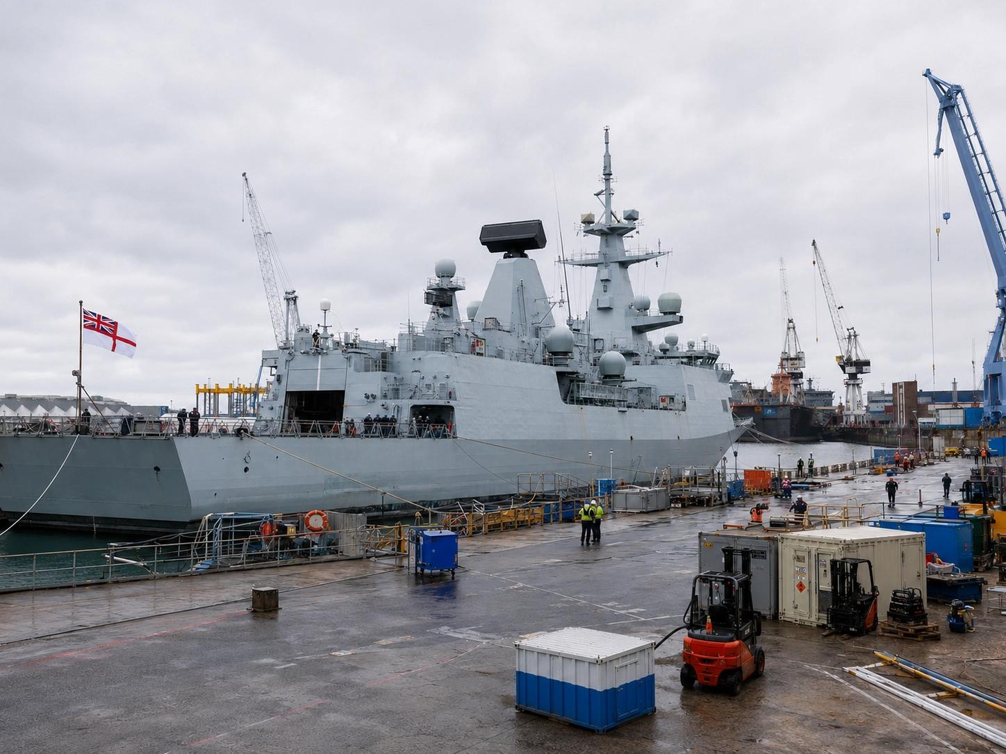 Grey Royal Navy frigate berthed in a UK dockyard under the White Ensign, dockside cranes overhead