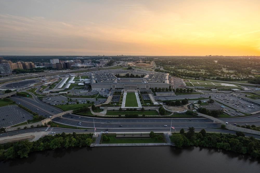 Aerial View of pentagon building at sunset