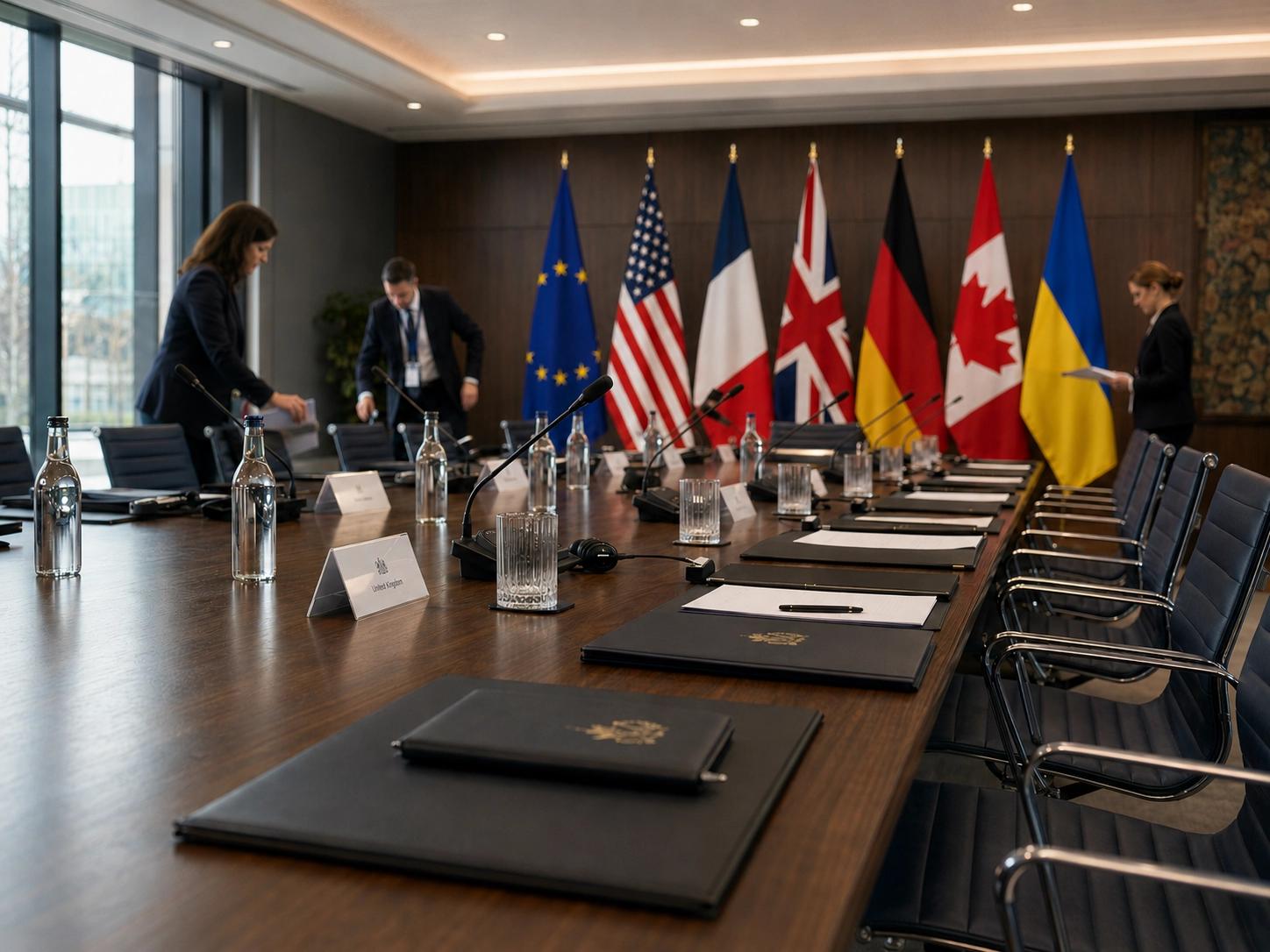 Summit table with EU, US, French, UK, German, Canadian and Ukrainian flags as staff set up