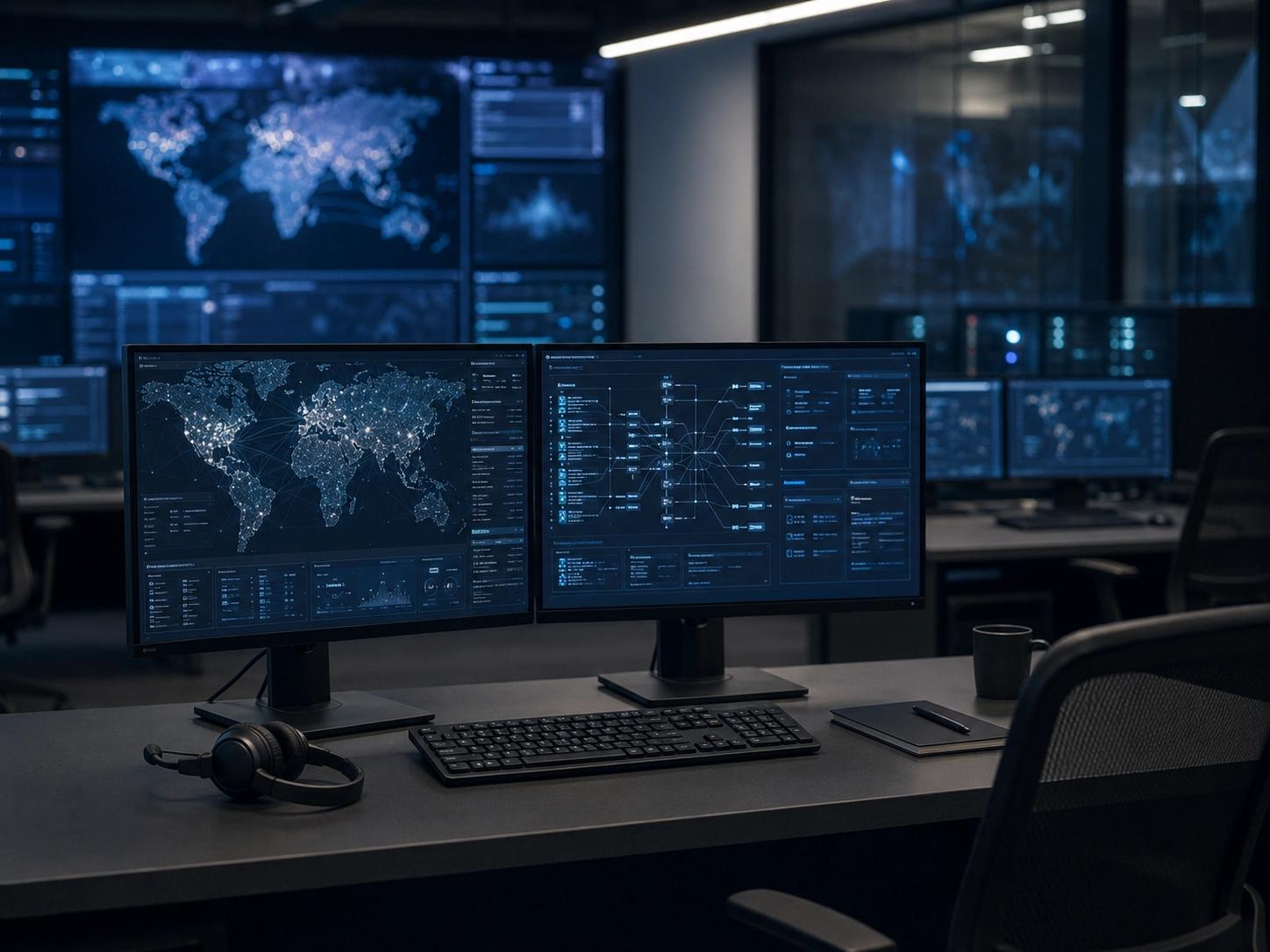 Dual monitors showing a glowing world map and network diagrams in a dark operations center