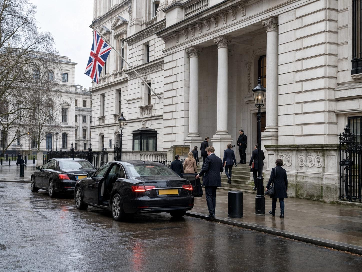 Officials in suits arriving by ministerial cars at a grand Whitehall building flying the Union Jack
