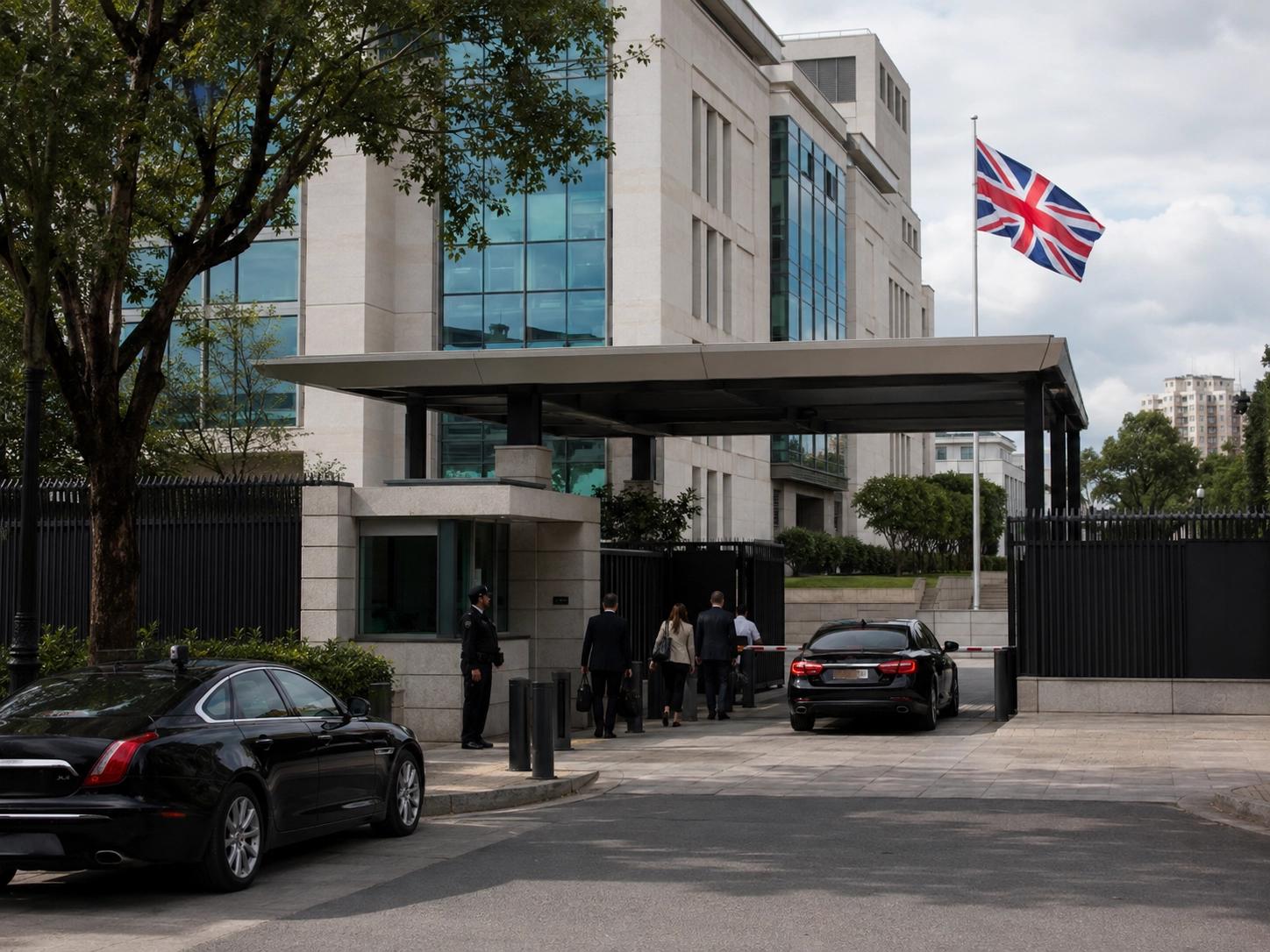 Visitors enter a modern British embassy compound abroad, Union Jack flying at half-mast