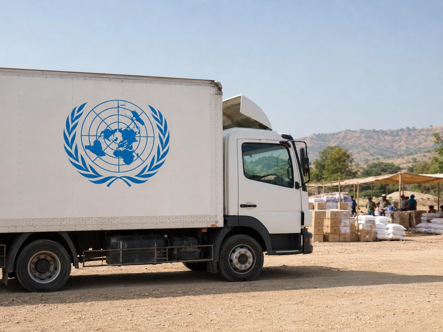 White UN-branded truck parked at a humanitarian aid distribution site with sacks and boxes