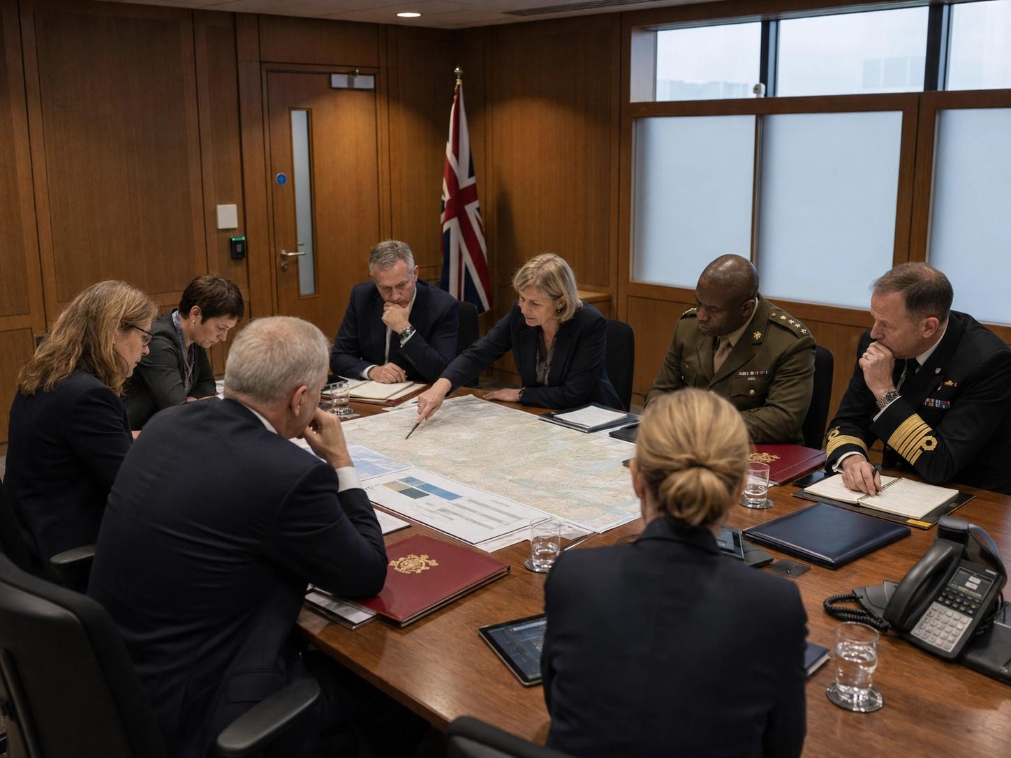 Senior UK military officers and officials study a large map around a table beside a Union Jack