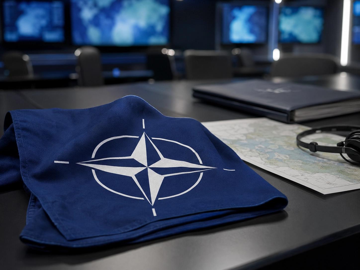 Folded NATO flag on a table inside a military command center with wall monitors