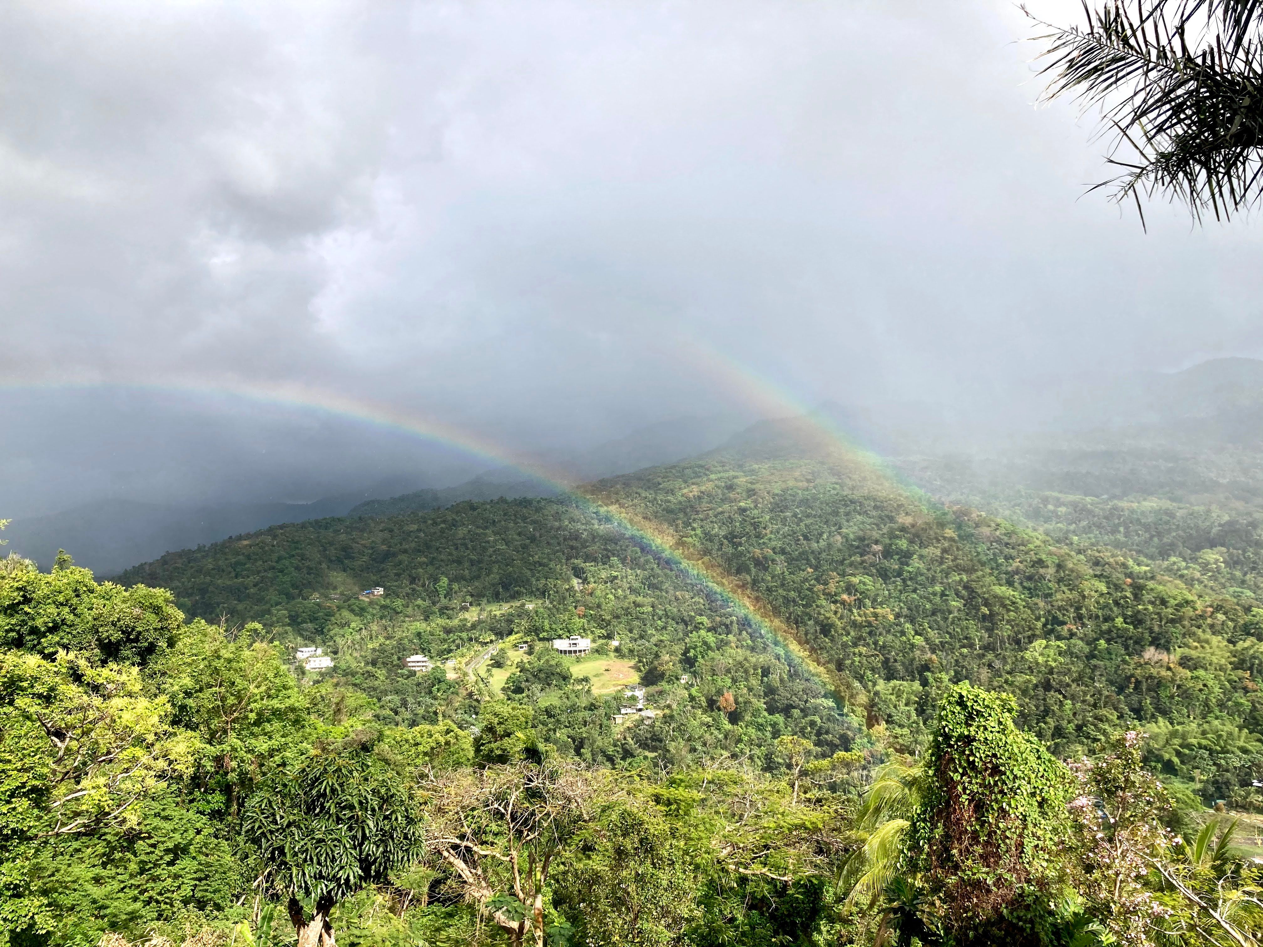 A vibrant double rainbow arches over the lush green mountains of El Yunque National Forest under a dramatic cloudy sky.