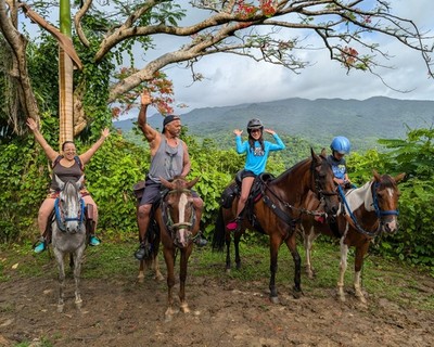 Four guests of all ages raise their arms in excitement while posing on horseback under a tropical tree, with lush mountains in the background during a La Vista Rides tour in El Yunque, Puerto Rico.