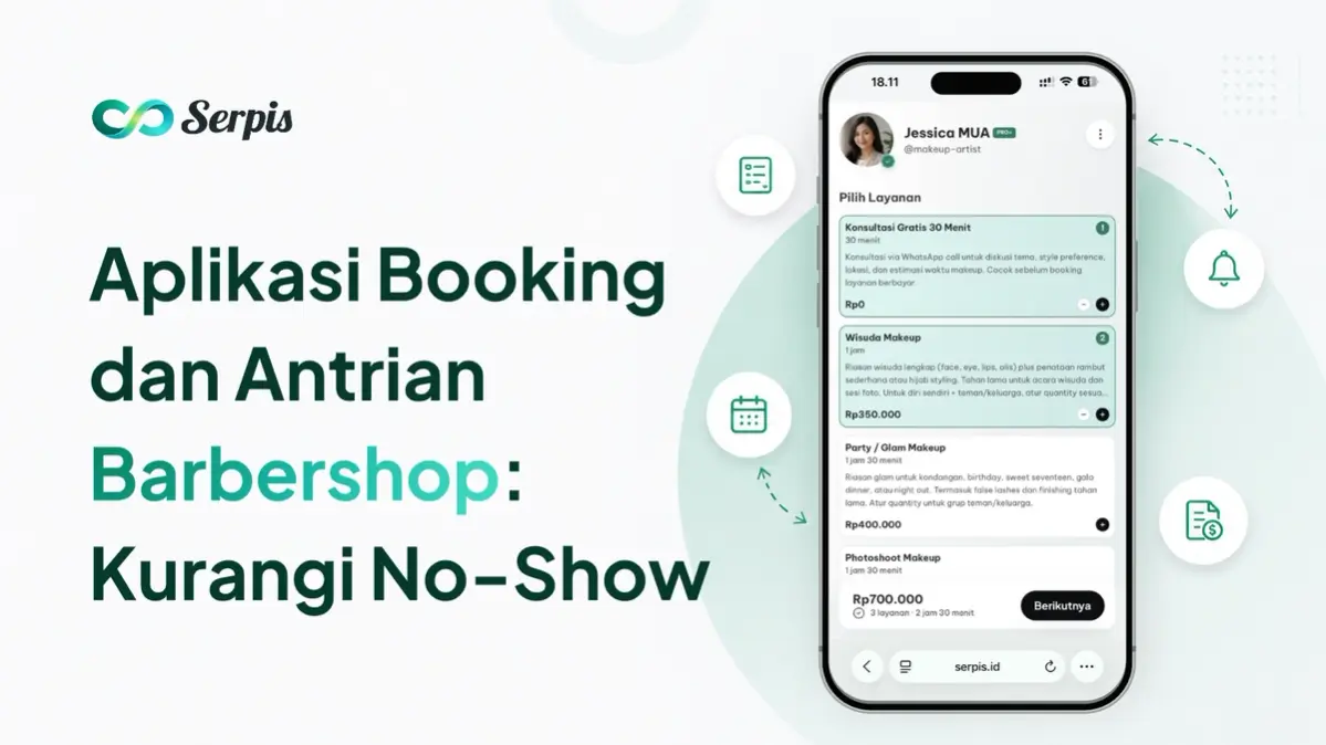 Ilustrasi promosi aplikasi booking dan antrian barbershop untuk mengurangi no-show, menampilkan smartphone dengan daftar layanan, ikon formulir, kalender, notifikasi, dan invoice di latar putih minimalis bernuansa hijau muda.