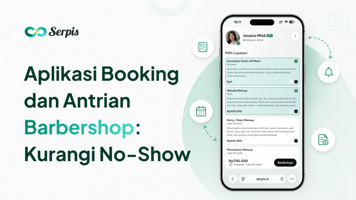 Ilustrasi promosi aplikasi booking dan antrian barbershop untuk mengurangi no-show, menampilkan smartphone dengan daftar layanan, ikon formulir, kalender, notifikasi, dan invoice di latar putih minimalis bernuansa hijau muda.