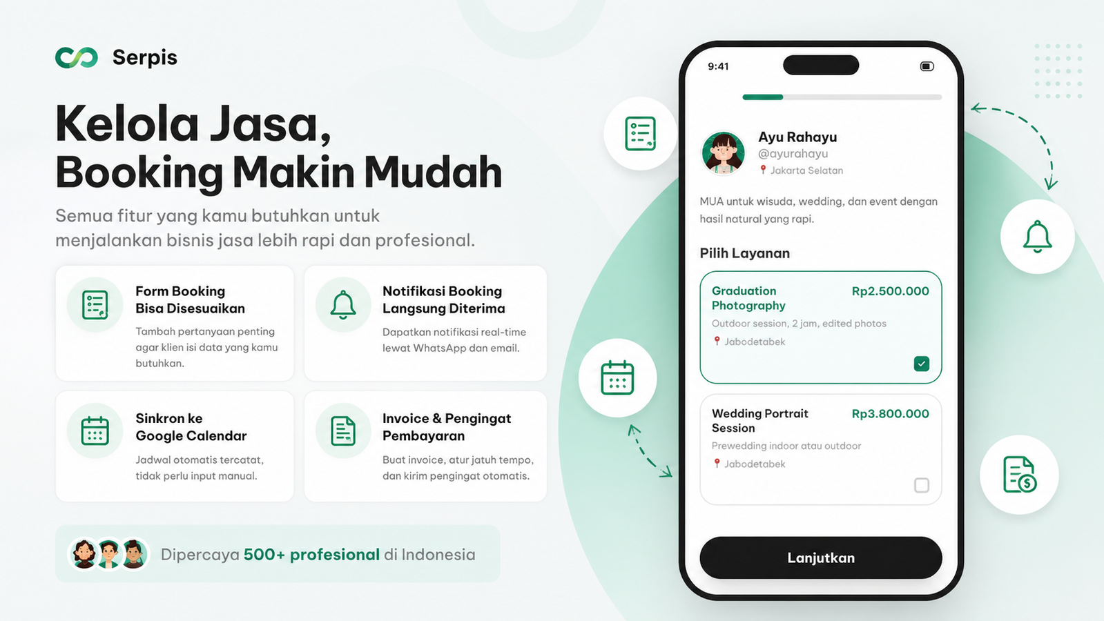 Ilustrasi banner aplikasi Serpis dengan preview layar ponsel untuk memilih layanan jasa, dilengkapi fitur form booking, notifikasi booking, sinkronisasi Google Calendar, serta invoice dan pengingat pembayaran.