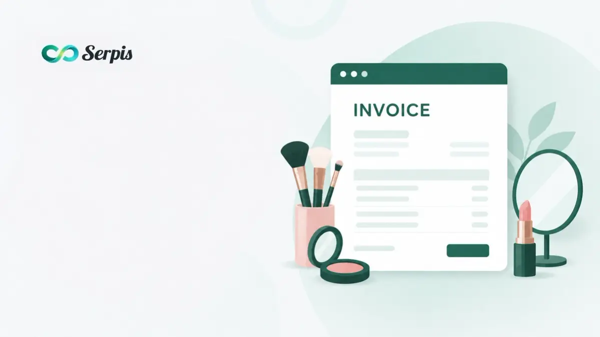 Ilustrasi invoice untuk makeup artist dengan dokumen tagihan, kuas makeup, compact powder, lipstik, dan cermin rias dalam gaya ilustrasi minimalis dengan warna pastel hijau dan merah muda.