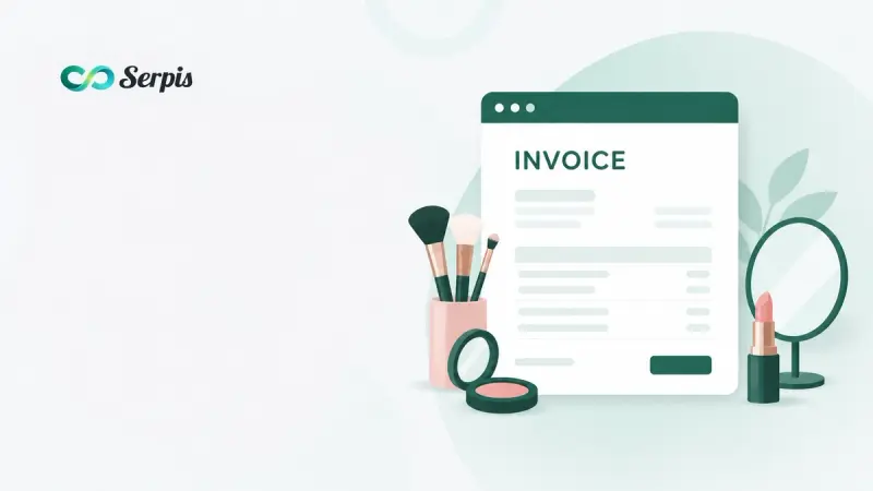 Ilustrasi invoice untuk makeup artist dengan dokumen tagihan, kuas makeup, compact powder, lipstik, dan cermin rias dalam gaya ilustrasi minimalis dengan warna pastel hijau dan merah muda.