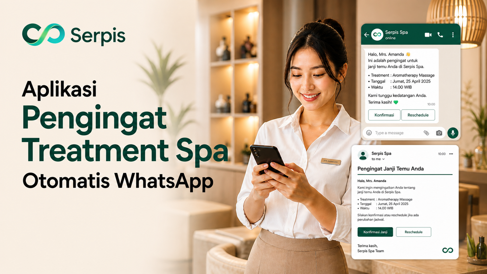 Serpis spa appointment reminder service marketing banner with a warm spa interior background. The left side shows the Serpis logo and headline “Aplikasi Pengingat Treatment Spa Otomatis WhatsApp,” while the right side shows a smiling salon staff member holding a phone beside WhatsApp and email booking reminder mockups with confirmation and reschedule buttons.