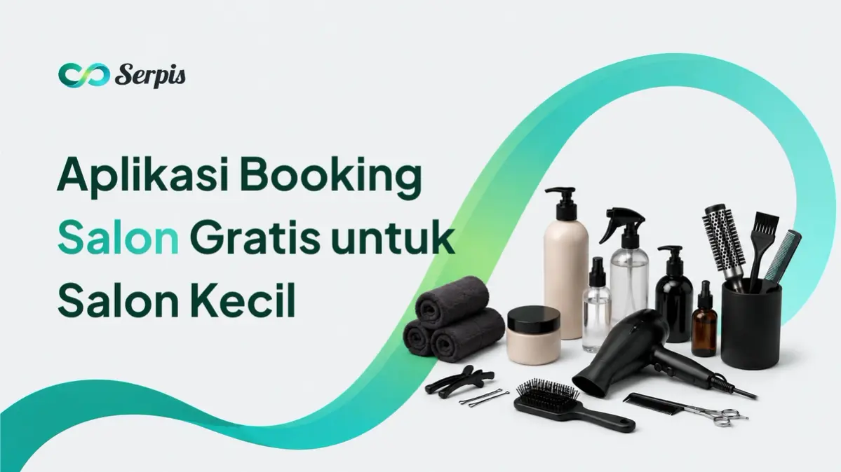 Ilustrasi banner minimalis bertema salon dengan latar putih dan aksen gelombang gradasi hijau toska. Di sisi kanan terdapat perlengkapan salon seperti handuk, botol produk perawatan, hair dryer, sisir, gunting, dan sikat rambut yang tersusun rapi.