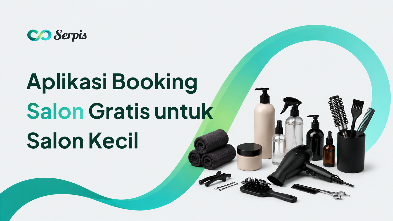 Ilustrasi banner minimalis bertema salon dengan latar putih dan aksen gelombang gradasi hijau toska. Di sisi kanan terdapat perlengkapan salon seperti handuk, botol produk perawatan, hair dryer, sisir, gunting, dan sikat rambut yang tersusun rapi.