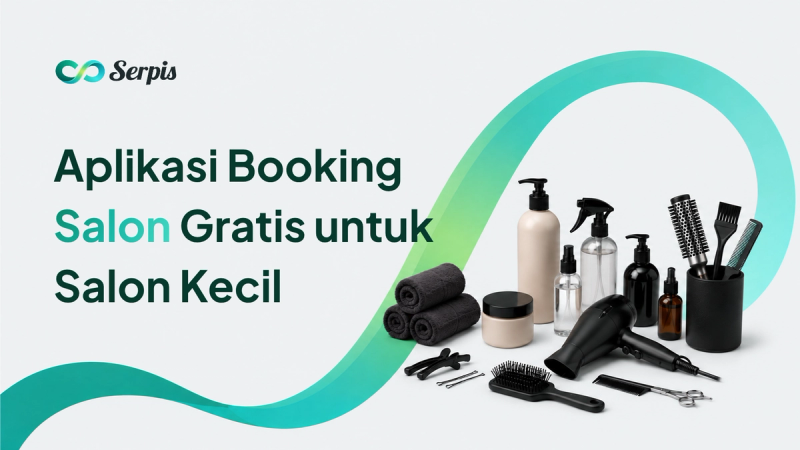 Ilustrasi banner minimalis bertema salon dengan latar putih dan aksen gelombang gradasi hijau toska. Di sisi kanan terdapat perlengkapan salon seperti handuk, botol produk perawatan, hair dryer, sisir, gunting, dan sikat rambut yang tersusun rapi.