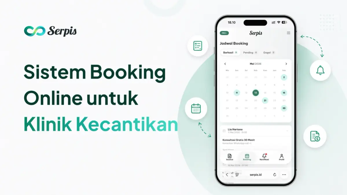 Ilustrasi promosi sistem booking online untuk klinik kecantikan, menampilkan smartphone dengan jadwal booking dan kalender, ikon notifikasi, formulir, kalender, dan invoice di latar putih minimalis bernuansa hijau muda.