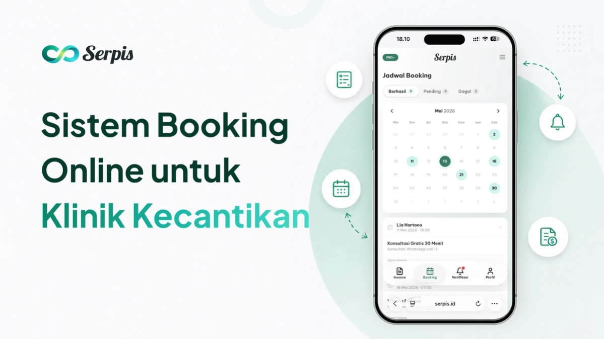 Ilustrasi promosi sistem booking online untuk klinik kecantikan, menampilkan smartphone dengan jadwal booking dan kalender, ikon notifikasi, formulir, kalender, dan invoice di latar putih minimalis bernuansa hijau muda.