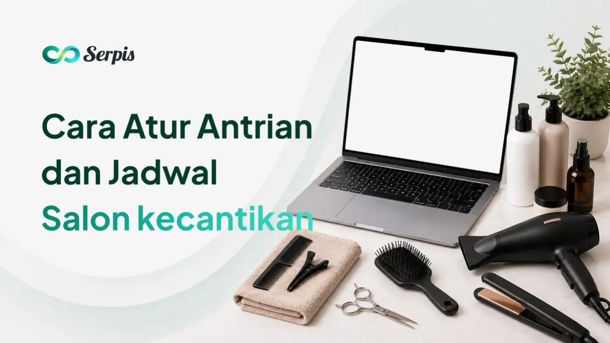 Ilustrasi meja kerja minimalis dengan laptop kosong, produk perawatan salon, handuk, sisir, jepit rambut, gunting, hair dryer, catokan, dan tanaman kecil di latar putih bernuansa hijau muda.