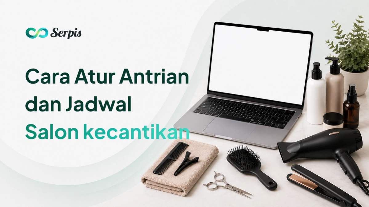Ilustrasi meja kerja minimalis dengan laptop kosong, produk perawatan salon, handuk, sisir, jepit rambut, gunting, hair dryer, catokan, dan tanaman kecil di latar putih bernuansa hijau muda.