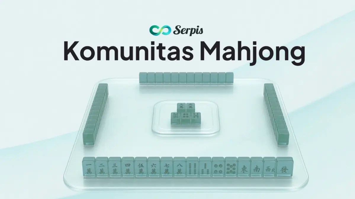 Gambar yang berisikan tulisan komunitas mahjong beserta logo serpis dan mahjong game board