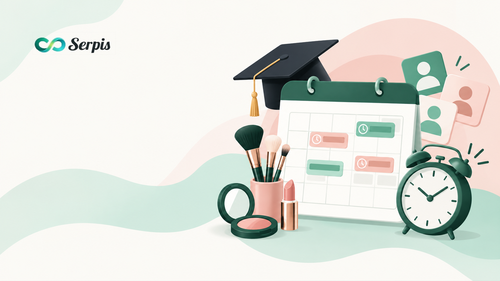 Ilustrasi MUA wisuda dengan kalender booking berisi jadwal, topi wisuda, alat makeup, kosmetik, jam alarm, dan ikon pelanggan dalam nuansa pastel hijau, krem, dan merah muda.