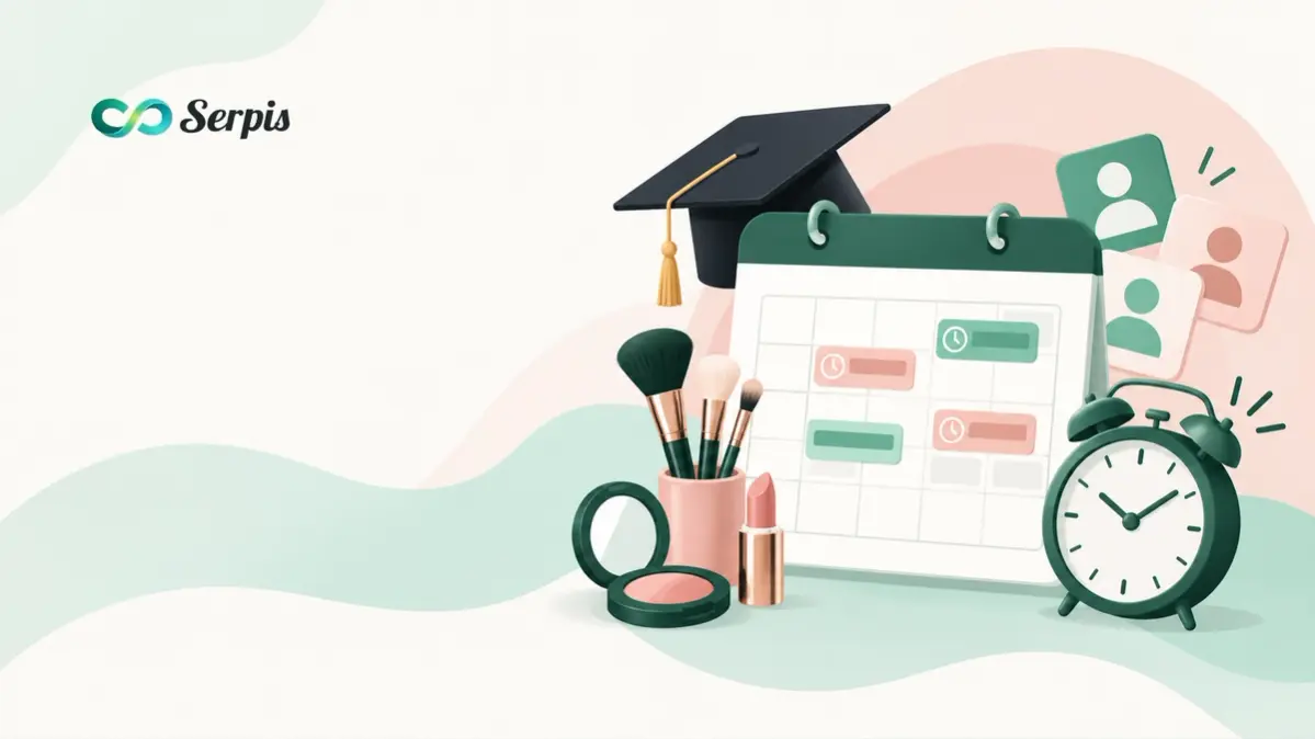 Ilustrasi MUA wisuda dengan kalender booking berisi jadwal, topi wisuda, alat makeup, kosmetik, jam alarm, dan ikon pelanggan dalam nuansa pastel hijau, krem, dan merah muda.