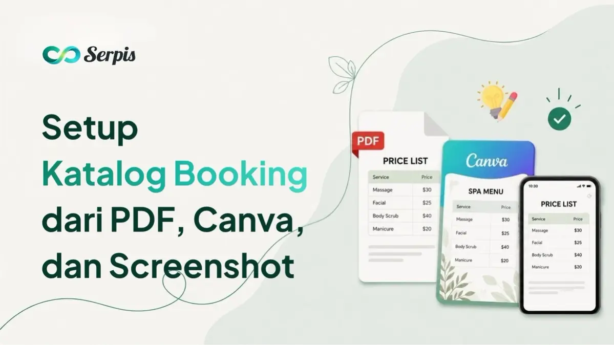 Ilustrasi cover artikel Serpis dengan judul “Cara Setup Katalog Booking Online dari Price List PDF, Canva, atau Screenshot”, menampilkan logo Serpis, dokumen PDF price list, desain menu Canva, dan tampilan screenshot price list di ponsel dengan gaya minimalis hijau mint.