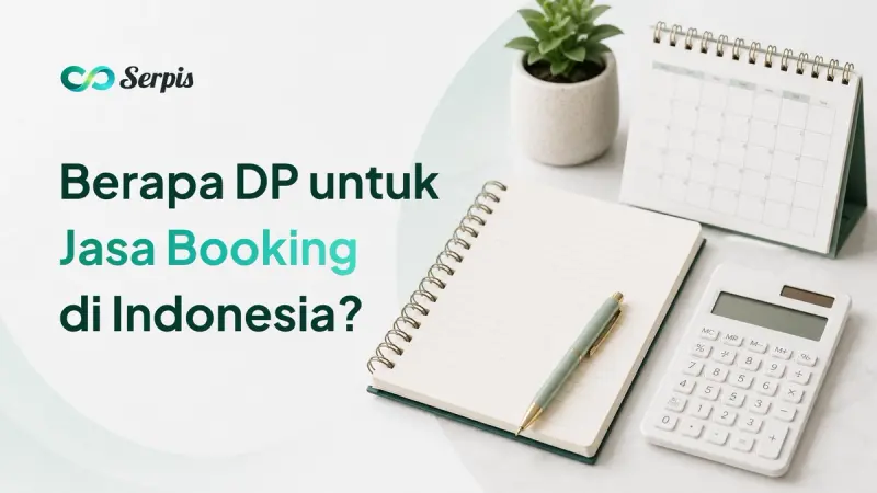 Ilustrasi meja kerja minimalis berisi buku catatan, pulpen, kalkulator, kalender meja, dan tanaman kecil dengan latar putih serta aksen hijau muda.
