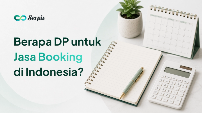 Ilustrasi meja kerja minimalis berisi buku catatan, pulpen, kalkulator, kalender meja, dan tanaman kecil dengan latar putih serta aksen hijau muda.