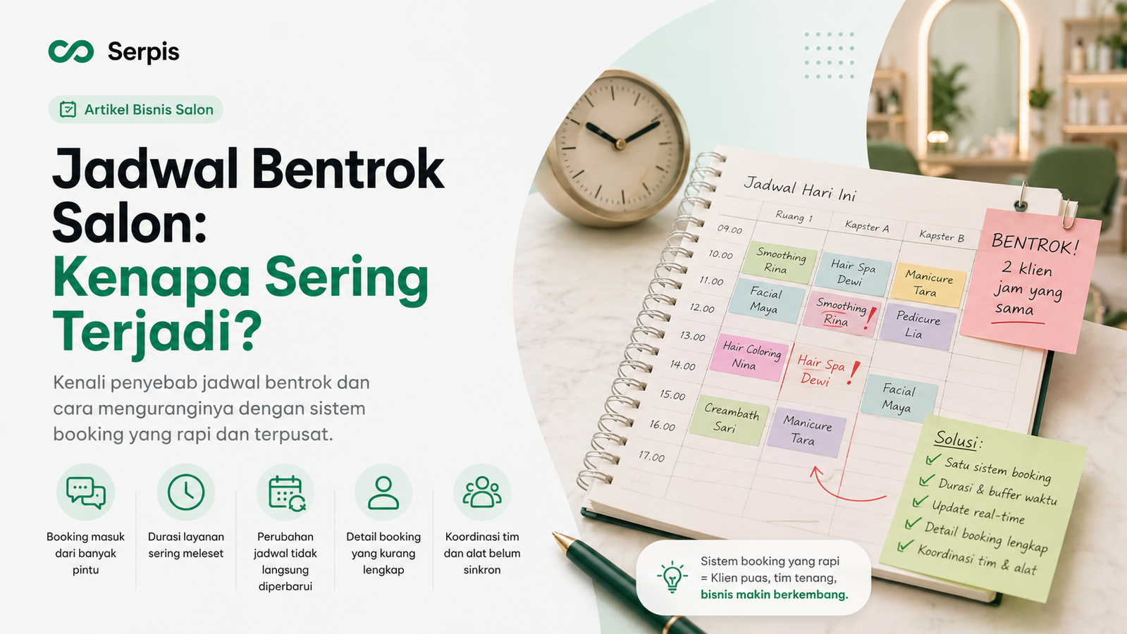Ilustrasi cover artikel Serpis tentang jadwal bentrok salon, menampilkan buku jadwal harian dengan beberapa slot booking yang bertabrakan, catatan solusi, ikon penyebab masalah, dan latar suasana salon.