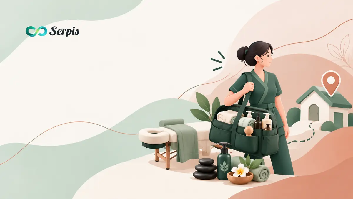 Ilustrasi terapis pijat home service membawa tas perlengkapan pijat lengkap, dengan meja pijat, handuk, minyak, batu pijat, dan elemen rumah serta penanda lokasi di latar belakang abstrak bernuansa hijau sage dan terracotta.
