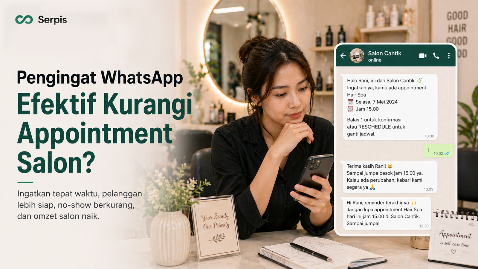 Ilustrasi cover artikel tentang pengingat WhatsApp untuk salon, menampilkan perempuan di interior salon kecantikan sedang melihat ponsel, mockup chat WhatsApp berisi reminder appointment, serta judul “Pengingat WhatsApp Efektif Kurangi Appointment Salon?”.