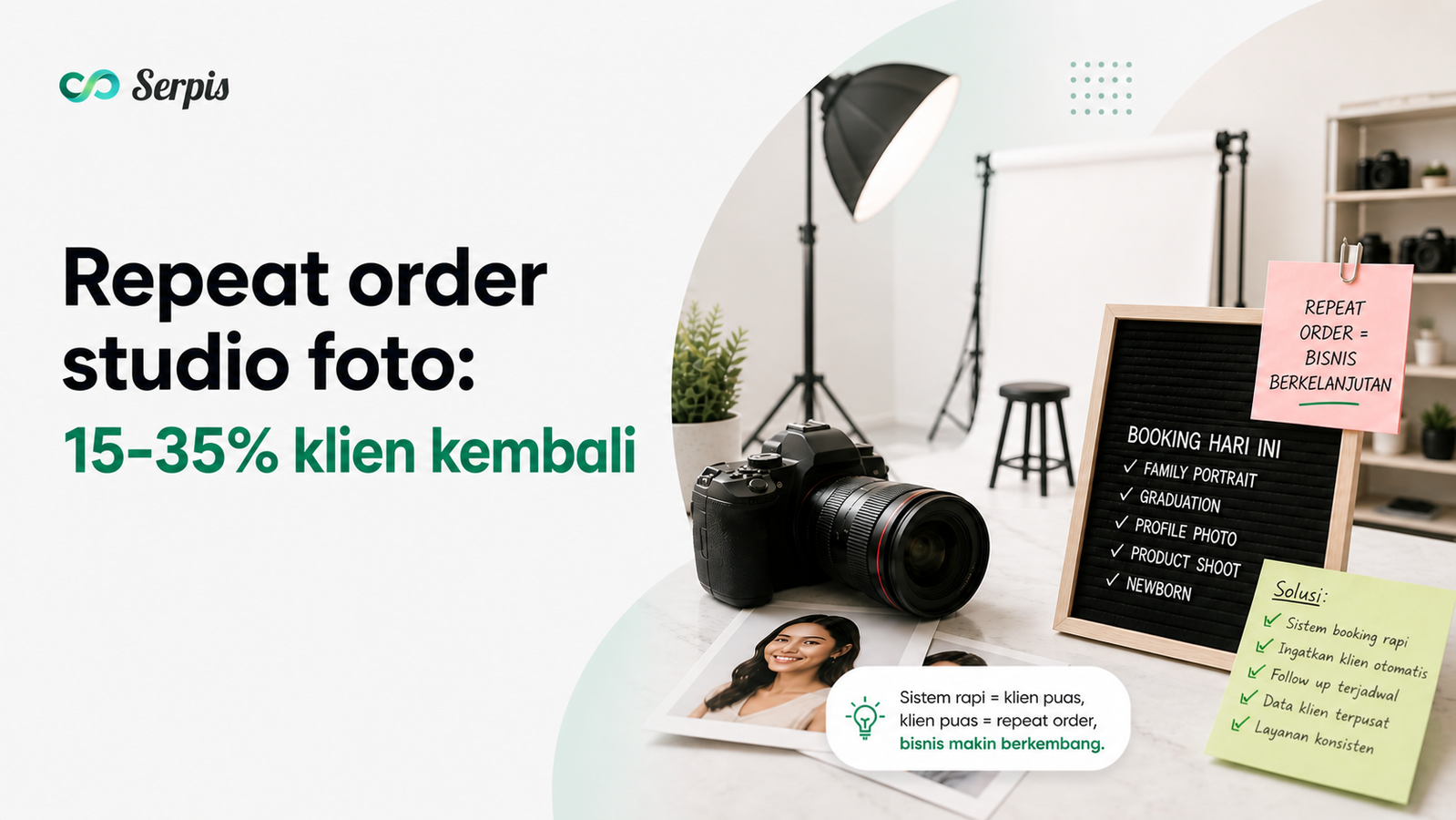 Ilustrasi cover blog Serpis tentang repeat order studio foto. Sisi kiri menampilkan logo Serpis dan judul “Repeat order studio foto: 15–35% klien kembali,” sementara sisi kanan menampilkan suasana studio foto modern dengan kamera, lampu studio, cetakan foto, papan booking, dan catatan pengingat tentang follow-up klien serta sistem booking yang rapi.