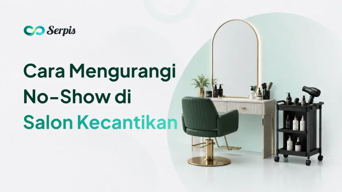 Ilustrasi area salon dengan kursi hijau, meja rias, cermin besar, troli perlengkapan salon, pengering rambut, dan produk perawatan rambut di latar minimalis berwarna putih dan hijau muda.