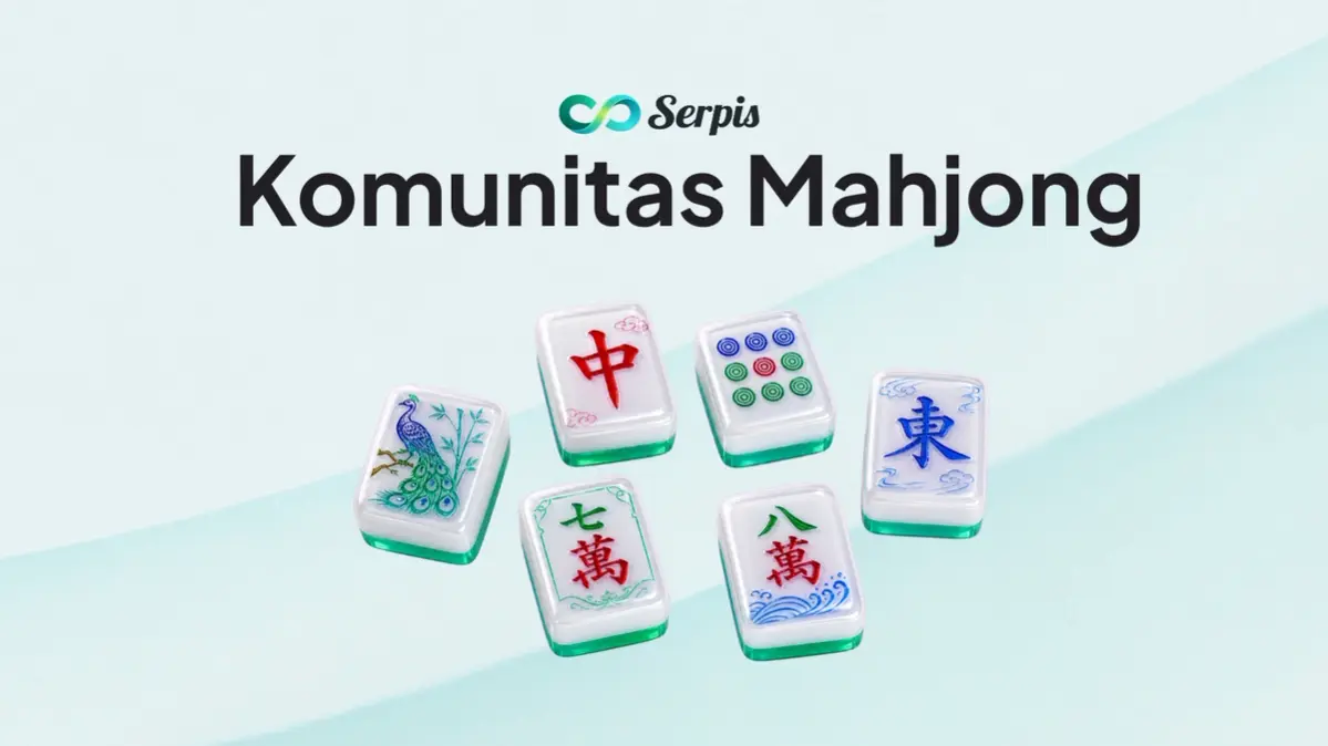 Gambar yang berisikan tulisan komunitas mahjong beserta logo serpis dan beberapa mahjong tiles
