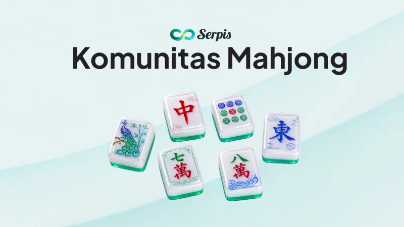 Gambar yang berisikan tulisan komunitas mahjong beserta logo serpis dan beberapa mahjong tiles