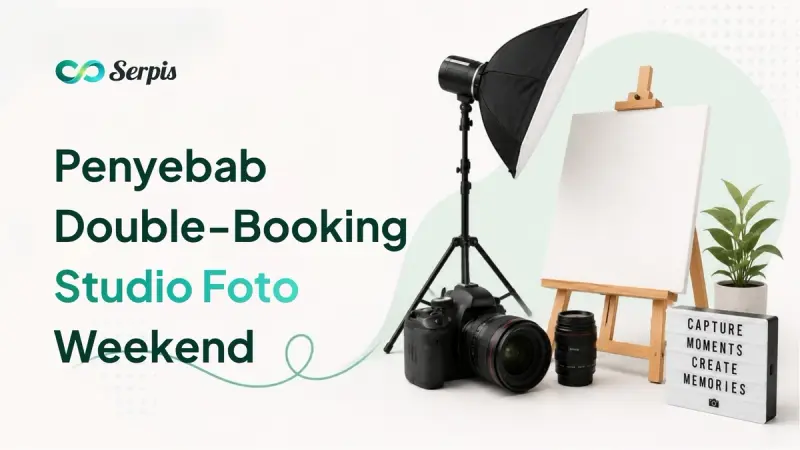 Ilustrasi cover artikel Serpis tentang double-booking studio foto saat weekend, menampilkan admin mengecek WhatsApp dan kalender booking penuh di laptop, dua klien datang hampir bersamaan, serta fotografer menyiapkan kamera dan lighting di studio foto yang ramai.